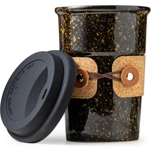 Cormomu Travel Coffee Mug, Tea Mug, Big Coffee Cups with Lids, No Spill Ceramic Tumbler, Reusable Camping Coffee Mugs for Men & Women, Microwave & Dishwasher Safe, 16.5 oz (Black with yellow dots)