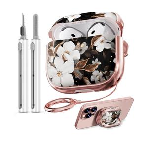 Inesore with Safety Lock for AirPods 4 Case,Clear Floral Cute AirPod 4th Generation Case for Women Girly with Cleaner Kit and Keychain-Black+Gold Black Gold Flower