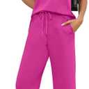 WIHOLL Two Piece Sets for Women Summer Spring Travel Vacation Outfits Short Sleeve Lounge Sets Side Slit Wide Leg Pants (Pink, L)
