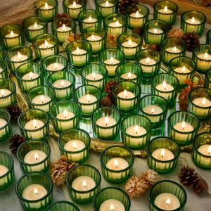 Mumufy 100 Pcs Glass Tealight Candle Holder Ribbed Votive Candle Holder for Centerpiece Wedding Proposal Spa Aromatherapy Meditation Home Decor (Green)