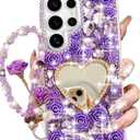 Changjia for Samsung Galaxy S26 Ultra Glitter Bling Case,Cute 3D Sparkle Heart Makeup Mirror Crystal Rhinestone Flower Diamond Gems with Lanyard Wrist Strap Women Girl Case for Galaxy S26 Ultra,Purple
