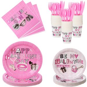 12 Set Galentine's Day Party Supplies Pink Happy Galentines Day Tableware Set Paper Plates and Cups Napkins Plastic Forks Spoons Knives for Valentine's Party Decorations