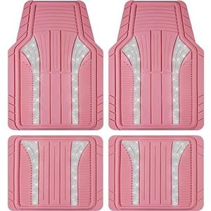 PIC AUTO Bling Rubber Floor Mats, Sparkly Glitter Pink Car Mats Set, Heavy Duty All Weather Waterproof Mats Pad for Girls & Women Universal Fit for Automotive SUV, Sedan, Van