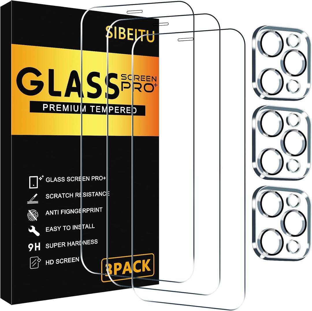 SIBEITU 3 Pack Screen Protector for iPhone 12 Pro Max with 3 Pack Camera Lens Tempered Glass Protector, 6.7 Inch HD Clear Tempered Glass Film 9H Hardness, Scratch Resistent, No Air Bubbles
