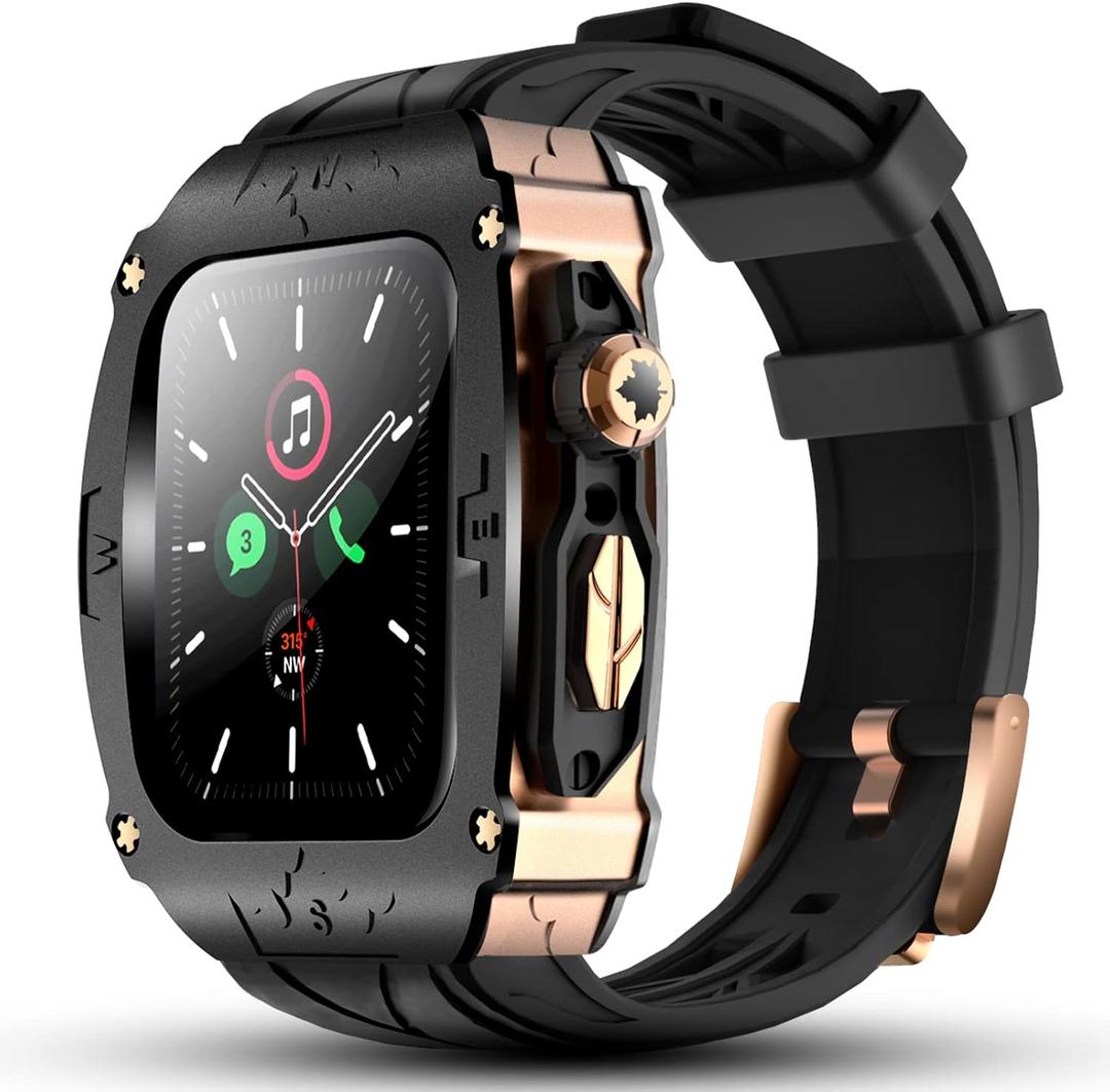 Luxury Metal Case for Apple Watch 8 7 45mm 6 44mm Band with Cover Heavy Duty Rugged Case Silicon Strap for men iWatch 6 5 4 SE 44mm Full Protective Cover (Black-Rose Gold)
