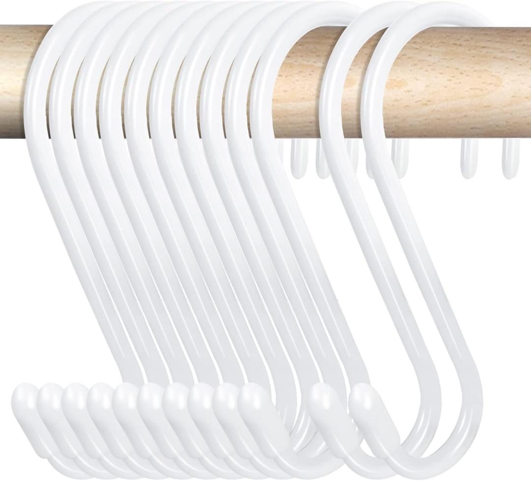24 Pack 4-1/2 Inch White S Hooks for hanging, Large Vinyl Coated S Hangers Hooks Heavy Duty, Steel Metal Rubber Coated Closet Rod Hooks for Hanging Jeans Clothes Plant Pot Pan Cup Bathrooms Towel Robe