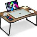 Foldable Lap Desk, Laptop Bed Desk, Portable Lap Table, Laptop Bed Table with Cup Holder & Tablet Slot & Lifting Handle for Working Writing Drawing & Eating - Rustic Brown