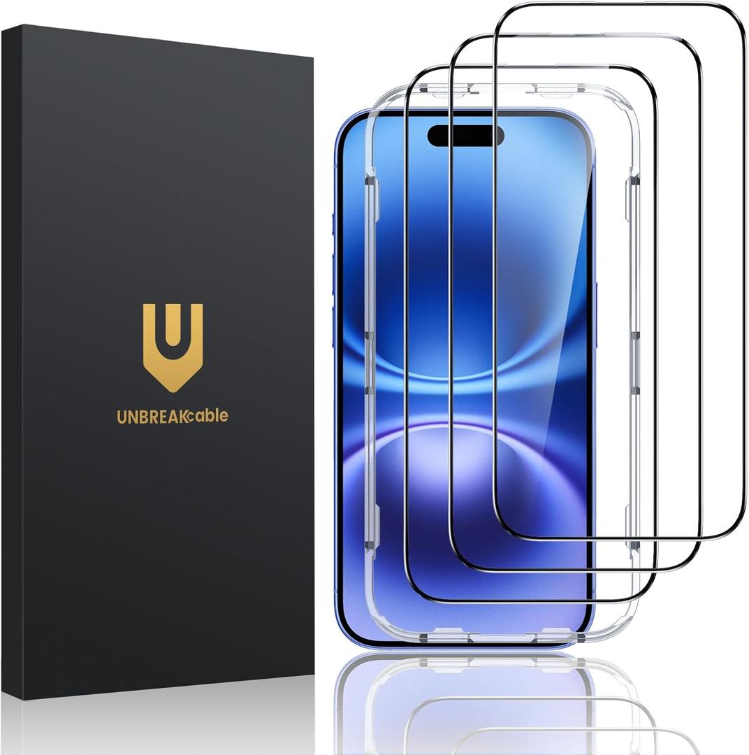 UNBREAKcable 2-Pack Screen Protector for iPhone 16/15, Shatterproof Tempered Glass [Easy Installation Frame] [99.99% HD Clear] [Case Friendly] [9H Hardness] [Full Coverage] for Apple 6.1 inch