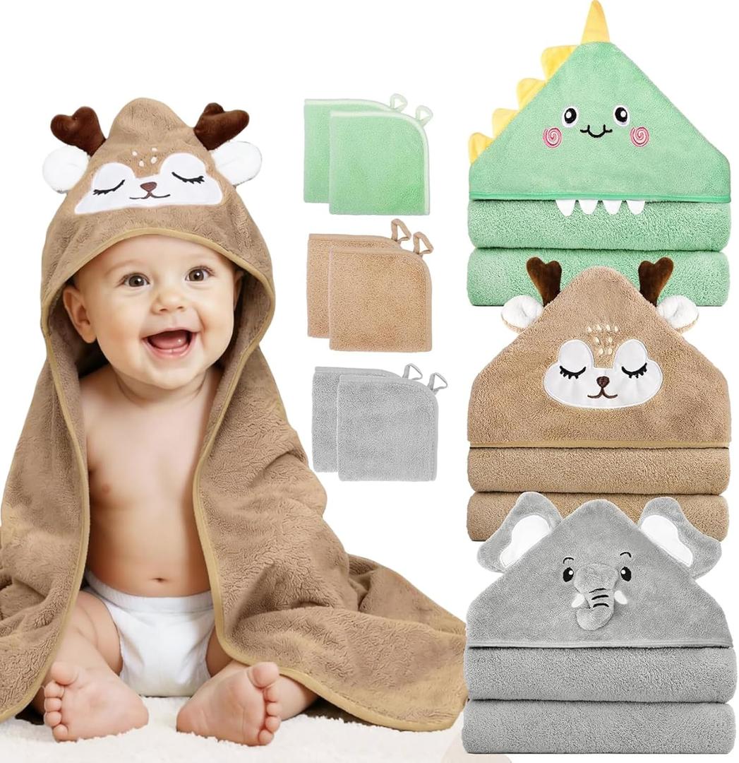 CandyHome 9 PCS Baby Bath Towels for Infants Toddlers, 3 PCS Animal Hooded Baby Towels & 6 PCS Washcloths Set, Ultra Absorbent Soft Cute Newborn Bath Essentials Gifts for Boys & Girls (Green, Gray, Brown) (31.5"L x 31.5"W)