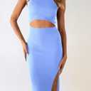 PRETTYGARDEN Women's Summer Midi Bodycon Dresses Casual Crew Neck Side Slit Sleeveless Knit Cut Out Tank Top Dress (Blue, M)
