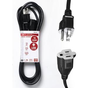 iWork 10ft Black Extension Cord, 16/3 SJTW Heavy-Duty, 10' Cable 3-Prong Grounded Plug, Weather-Resistant Power Strip, UL Listed, 13 Amp/1625 Watt Capacity, 10-Foot Extension Cords for Indoor/Outdoor