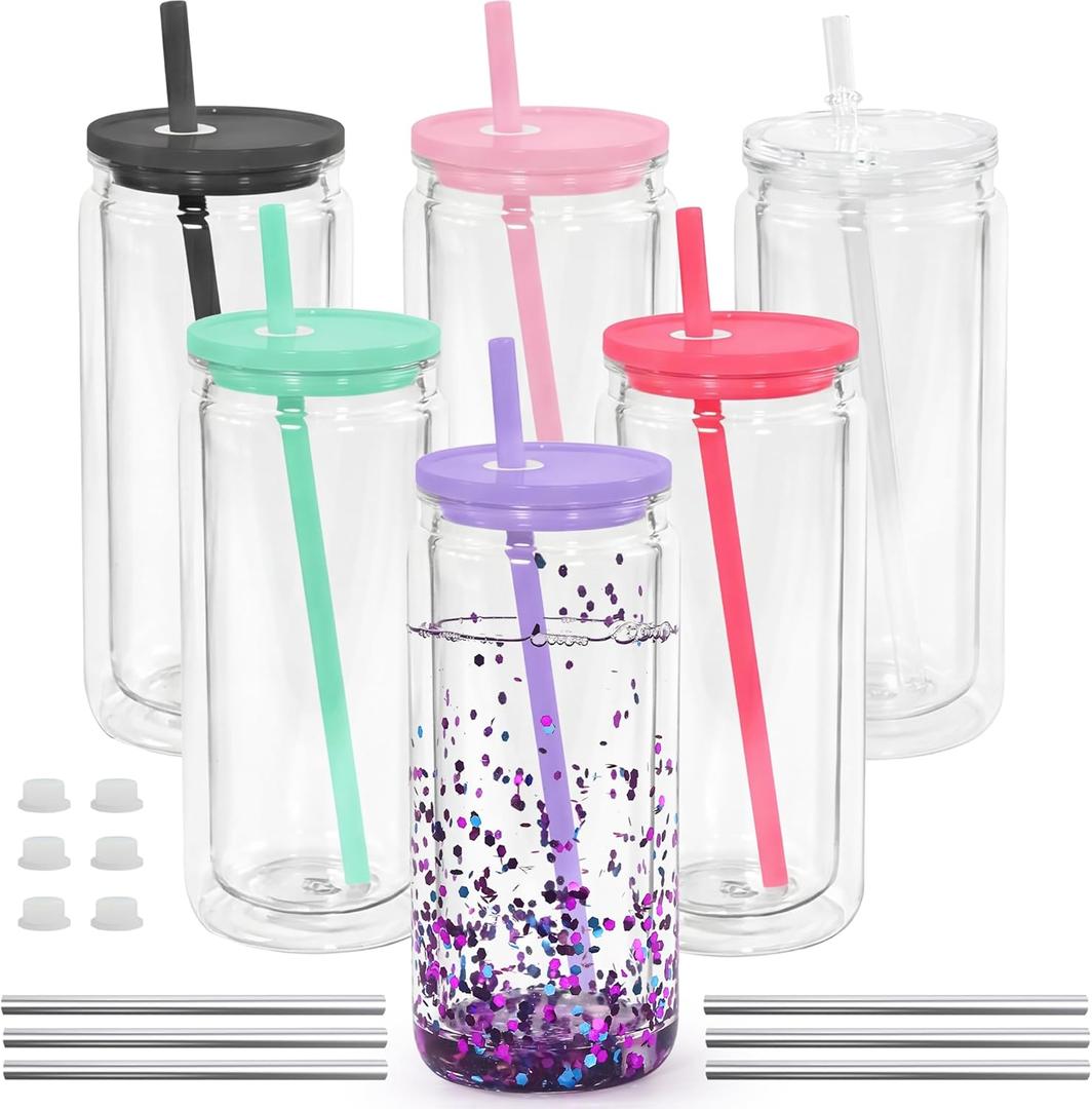 20oz Plastic Snow Globe Tumblers, 6 Pack Acrylic Double Wall Tumbler with Lids and Straws, Acrylic Snowglobe Cups with Pre Drilled Hole for Snow Globe Glitter DIY