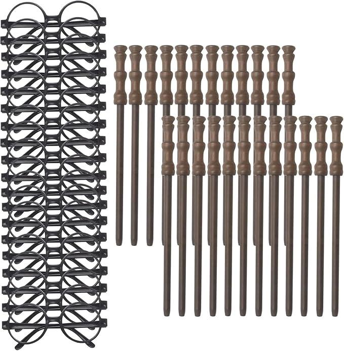 Cosplay Party Supplies Set - Wand Pencil, Black Glasses with Round Frame No Lenses for Birthday Party, Kid Gifts, School Reward,Halloween Decorations 12pcs Each