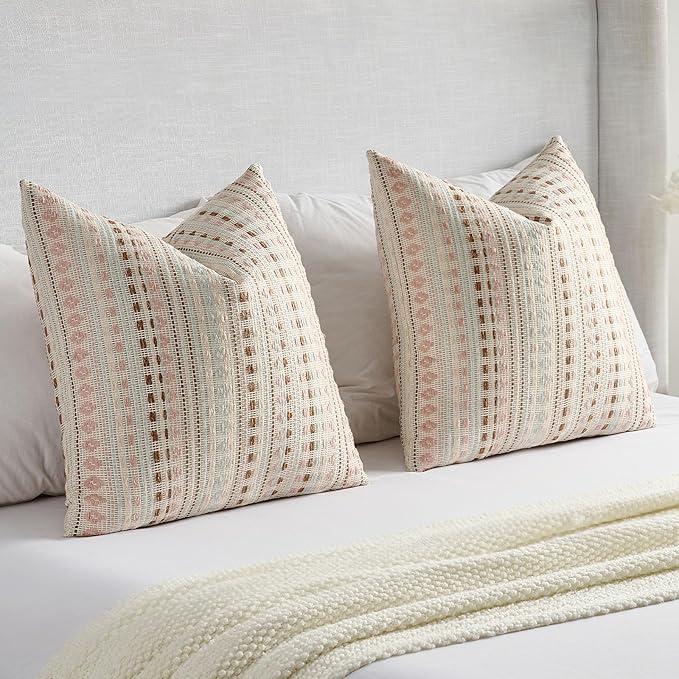 FUTEI Pack of 2 Chenille Jacquard Throw Pillow Covers 20x20 Inch Soft Cozy Woven Embroidery Decorative Cushion Case Boho Farmhouse Accent for Couch Bed Living Room, Pink Blue
