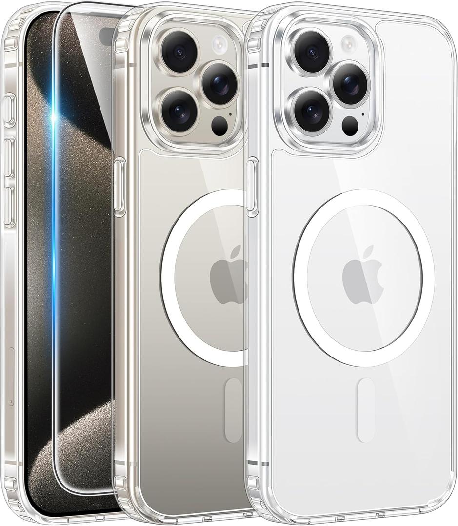 FNTCASE for iPhone 15 Pro Case: Clear Magnetic Phone Cases with Screen Protector Compatible with Magsafe Slim Anti Yellowing Rugged Shockproof Protective Transparent Cell Phone Cover (A-Clear)