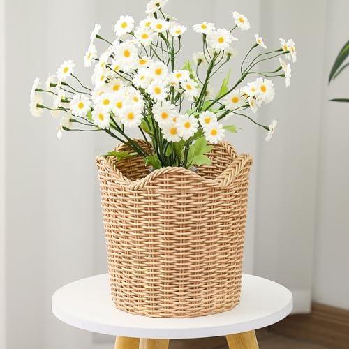 Weysat Scalloped Edge Basket Weave Pattern Planter Resin Plant Pot Holder Storage for Indoor Outdoor Planting Farmhouse Handmade Home Decor