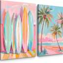 Pink Beach Wall Art Coastal Canvas Pictures Palm Tree Wall Decor Summer Surf Poster Pastel Ocean Painting Tropical Beachy Prints Preppy Aesthetic Artwork for Girl Room Bedroom 16x24 Inch Ready to Hang
