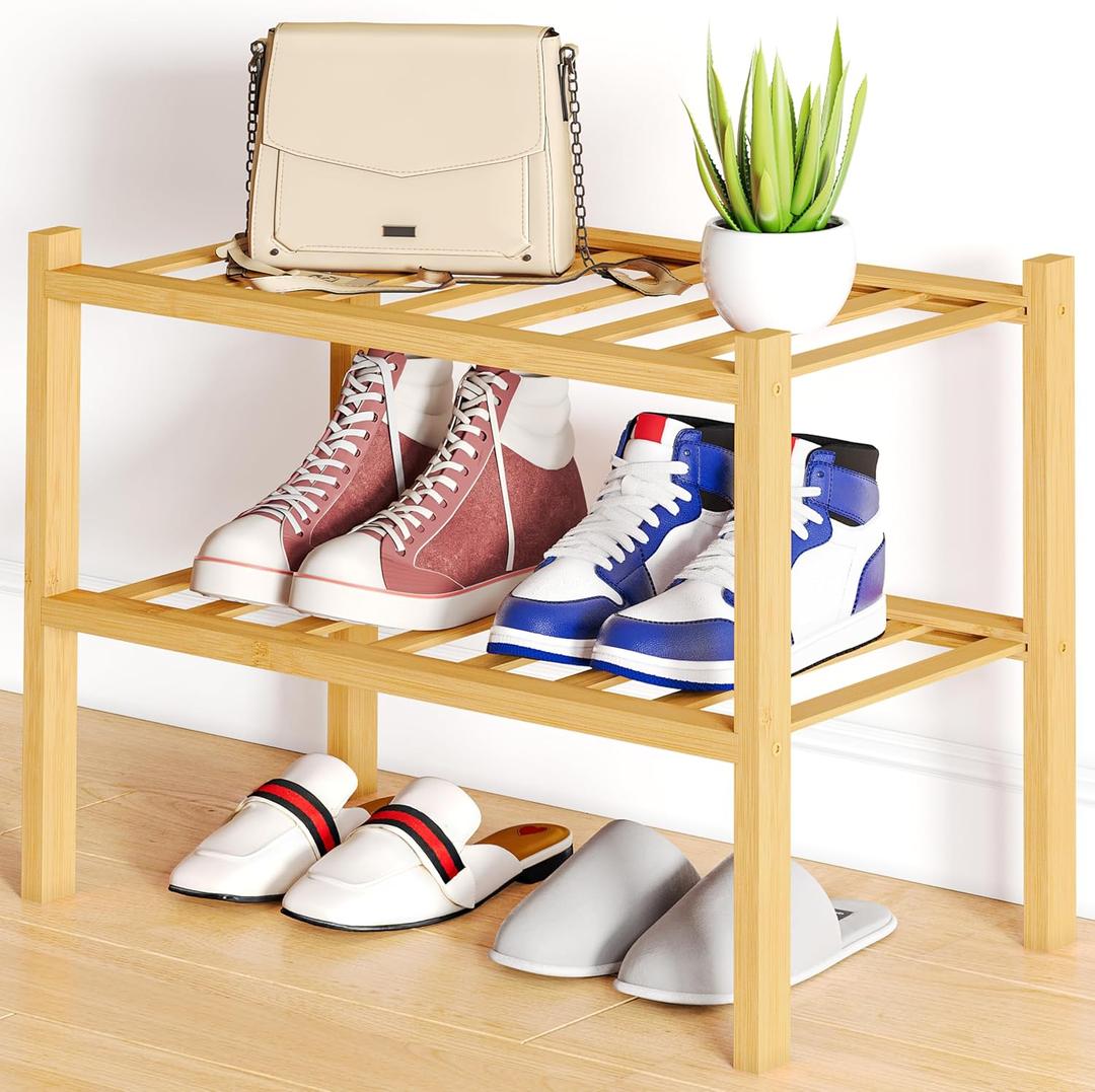 Smiry Shoe Rack, 2 Tier Small Bamboo Shoe Organizer, Stackable Free Standing Wooden Shoe Storage Shelf for Closet, Entryway, Front Door Entrance, Natural