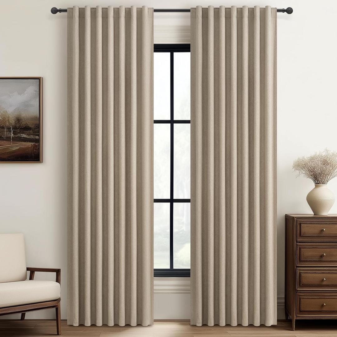100% Blackout Curtains 84 Inch Length 2 Panels Set Farmhouse Style for Bedroom Windows/Living Room Thermal Insulated Neutral Boho Drapes Linen Blend Dark GreyBeige 7ft Long Hook Belt Pleated/Back Tab