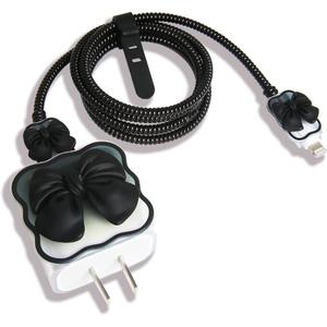 Compatible with iPhone 18W/20W USB-C Charger Cover Cute 3D Bow Tie Design Clear Soft Charger Protector Kawaii Cable Saver for iPhone 11 12 13 14 Pro Max Fast Power Adapter, Black 2 (5in1)