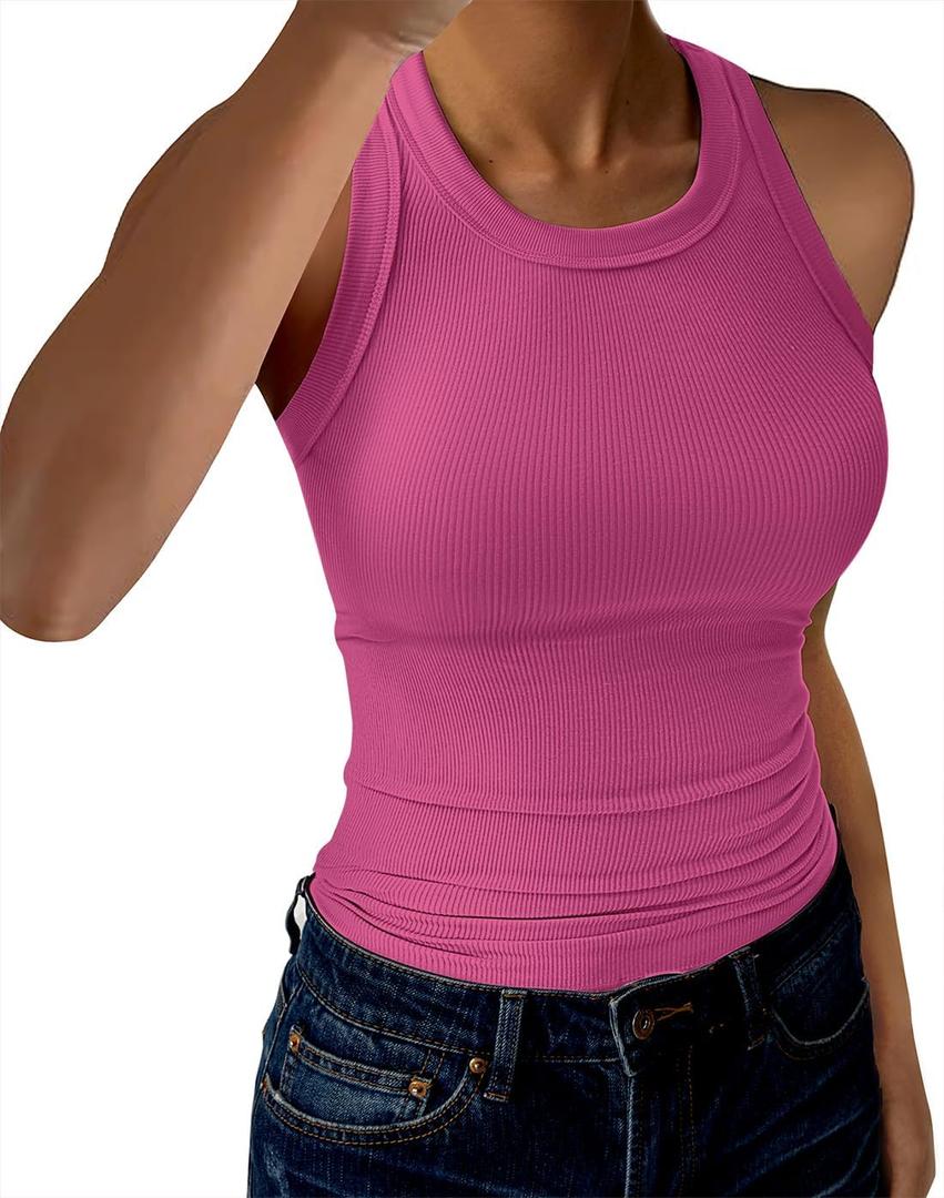 GKBK Womens Tank Tops High Neck Sleeveless Ribbed Tank Casual Basic Thick Strap Slim Fitted Racerback Shirts (L)