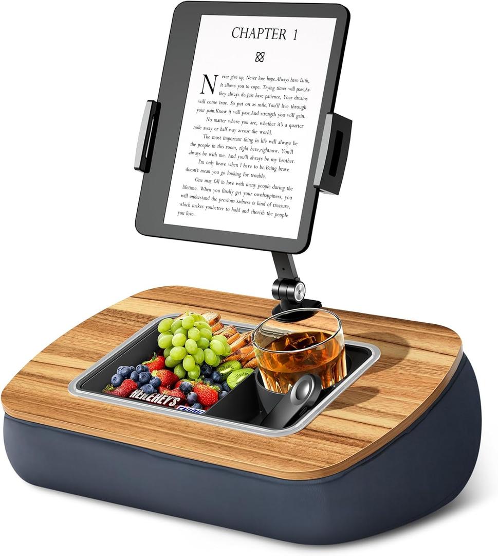 Lap Beanbag Tablet Pillow Stand, Adjustable iPad Holder with Snack Bowl,360 Rotating Clip for 4.7-13" Kindle, Phone, Tablet. Ideal for Hands-Free Reading and Relaxation on Bed, Couch, Recliner, Gray