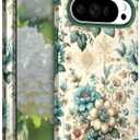 Hocase for Google Pixel 10 Pro XL Case, Shockproof Heavy Duty Protection Hard Plastic+Silicone Rubber Bumper Hybrid Protective Case for Google Pixel 10 Pro XL 6.8" 2025 - Teal Blue Flowers