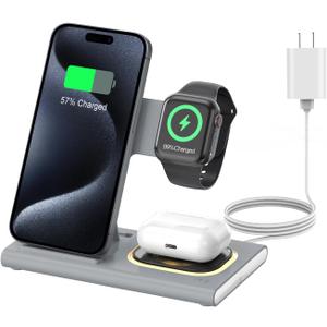 3 in 1 Foldable Charging Station for Apple Products,Fast Wireless Charger Travel Dock Adapter&Light for iPhone 16/15/14/13/12/11/X/XS,for iWatch 10/9/8/7/Ultra2/Ultra,for AirPods 4/3/2/Pro/2(Gray)