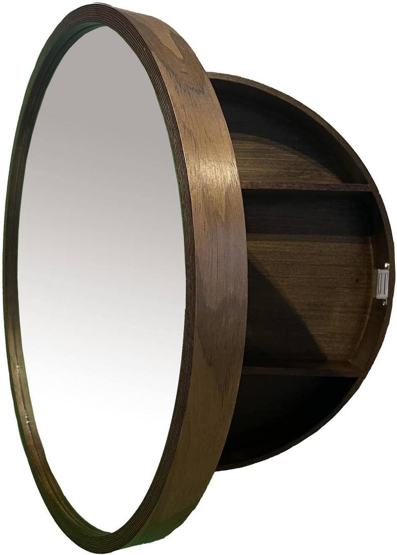 Medicine Cabinet Bathroom Space Saver Storage Round Cabinets with Mirror Surface Wall Mounted Solid Wood Circular Frame 3 Level (Color: Walnut, Size:20 Inch x 20 Inch