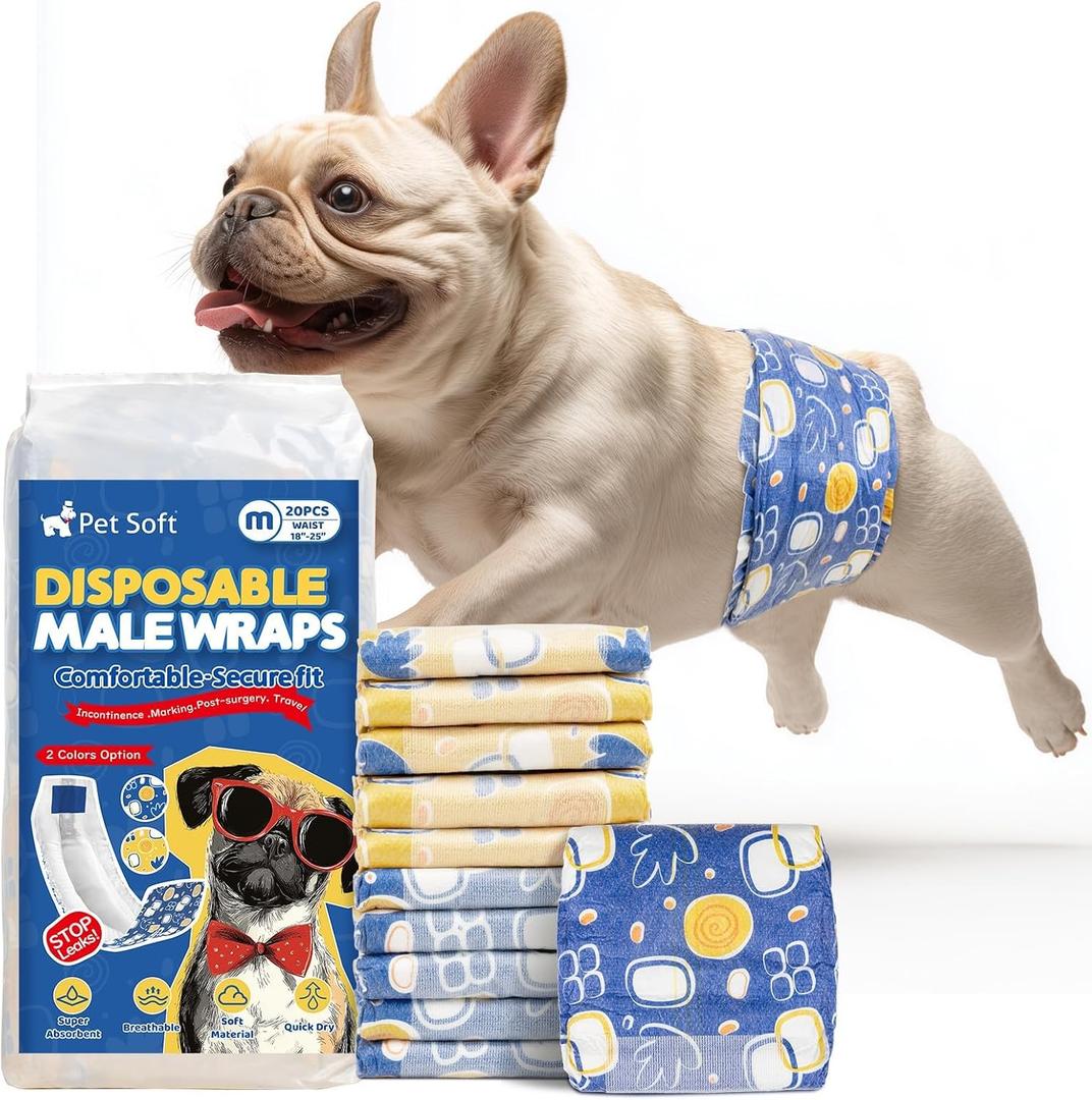 Pet Soft Dog Diapers Male,20 Ct Disposable Male Dog Wraps, Super Absorbent Doggie Belly Band with Wetness Indicator, Leak-Proof Puppy Pampers for Puppy Training, Incontinence, Medium