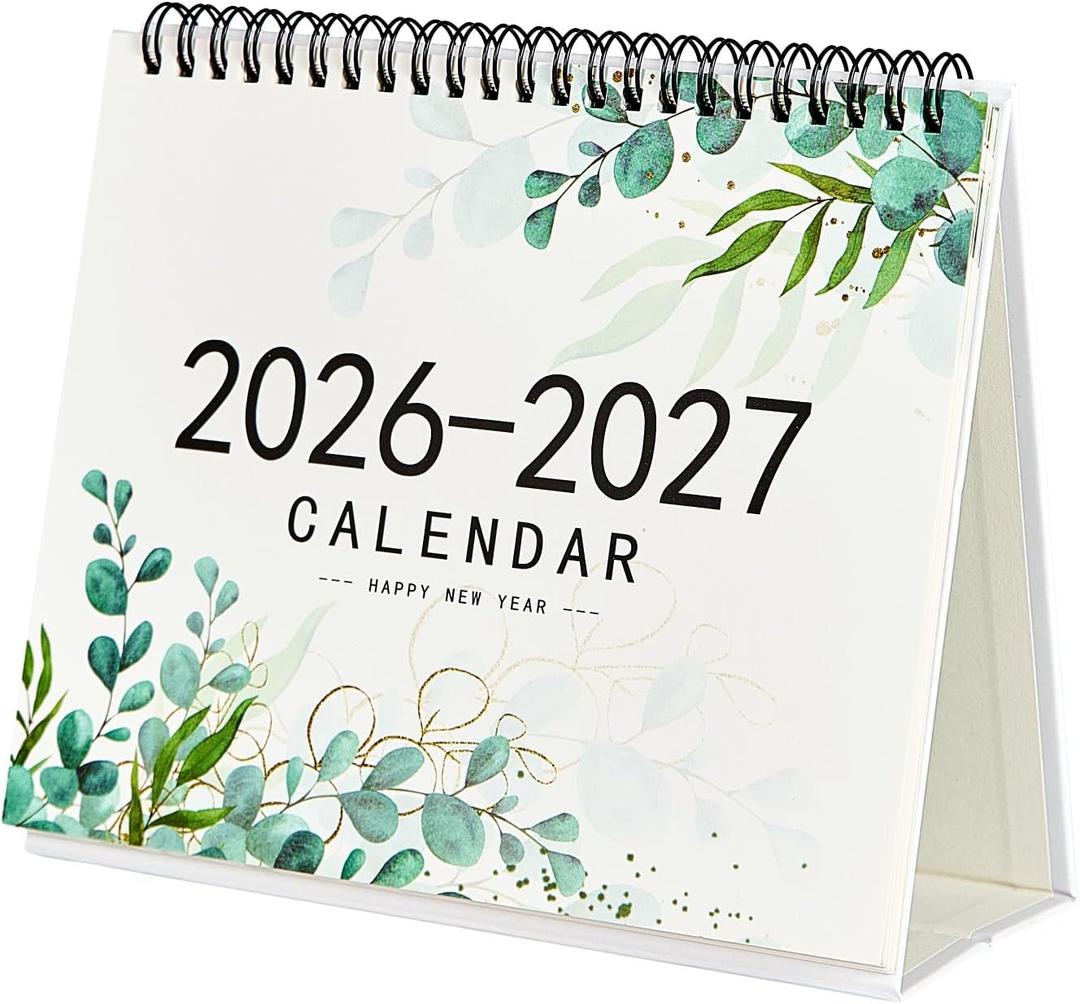 Desk Calendar 2026-2027, Small Desktop Calendar 6.8" x 8"with Eucalyptus Design, 18-Month Flip Calendar with Daily Blocks for Teacher, Bonus Stickers