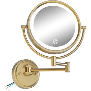 10" Wall Mounted Makeup Mirror with Light and Magnification, 3 Color LED, 1X/5X Wall Mount Magnifying Mirror with Extension Arm Gold for Bathroom, Hardwired, Brushed Moderne Brass