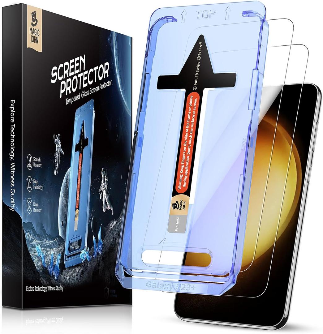 MAGIC JOHN 2 Pack for Samsung Galaxy S23 Plus/ S23+ (6.6 Inch) Screen Protector Tempered Glass, Bubble Free with Auto Dust-Elimination Installation, Anti Scratch, Case Friendly