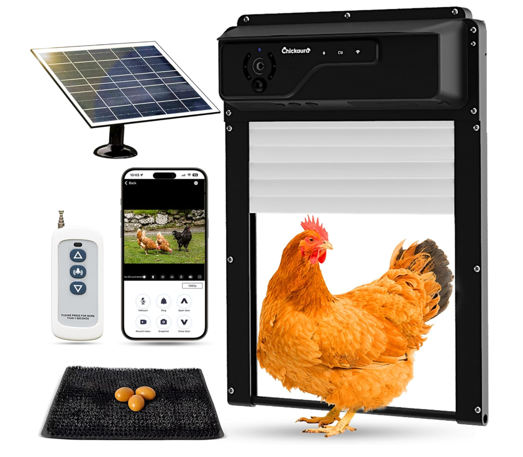 Automatic Chicken Coop Door Solar Powered with Nesting Pad - Waterproof Chicken Door with Timer, HD Camera, Anti-Pinch Protection, Mobile App & Remote Control, Alarm System, Mic & Speaker