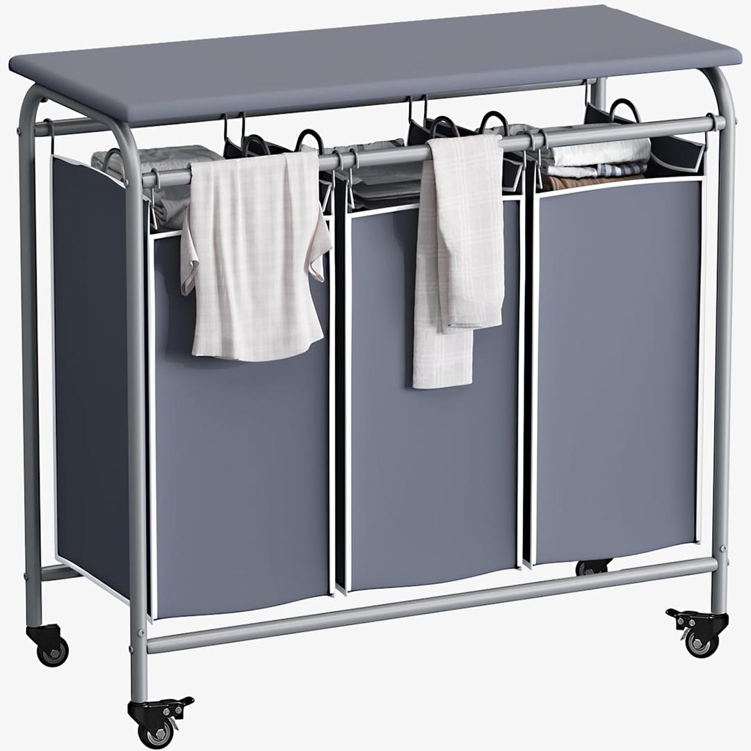LINZINAR 3 Bag Laundry Basket Sorter Heavy Duty Rolling Lockable Wheels Laundry Hamper Cart with Ironing Board and Removable Bags, Grey