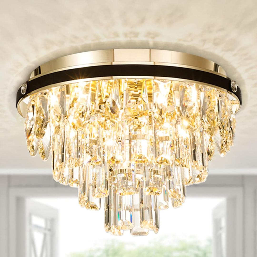 Crystal Chandeliers Flush Mount Ceiling Light Fixture,4 Lights Chandelier with Crystals,Light Fixtures Ceiling Mount, Hallway Light Bedroom Chandelier for Dining Room Kitchen,H9.84'' x W13.78''