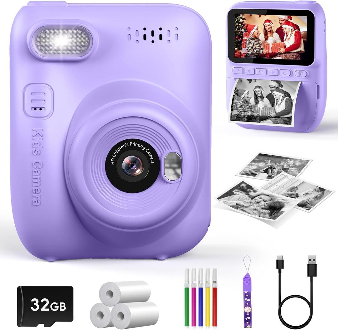 Kids Instant Print Camera, 3.0-inch HD Screen 32MP Photo Instant Digital Camera Christmas Birthday Gifts Toys for Children Girls Boys Age 3-12 - Purple