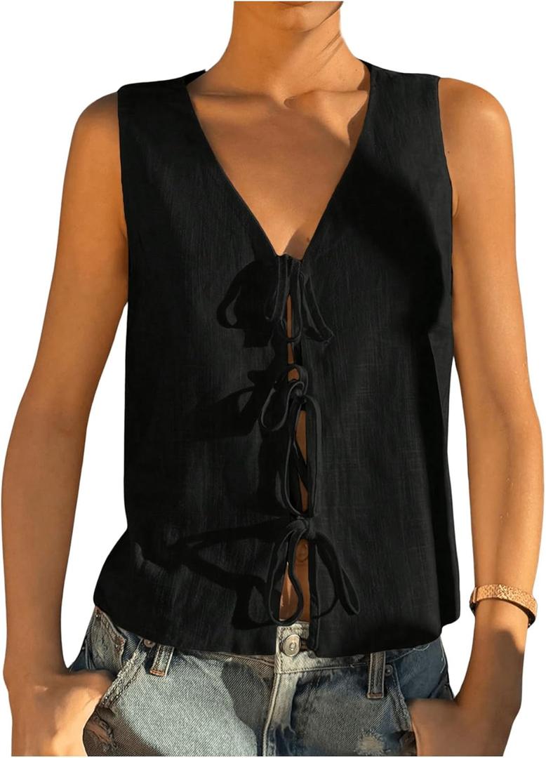 Verdusa Women's Linen Clothes Tie Front Tops Going Out Top Trendy Sleeveless Vest Shirts (Black), Small
