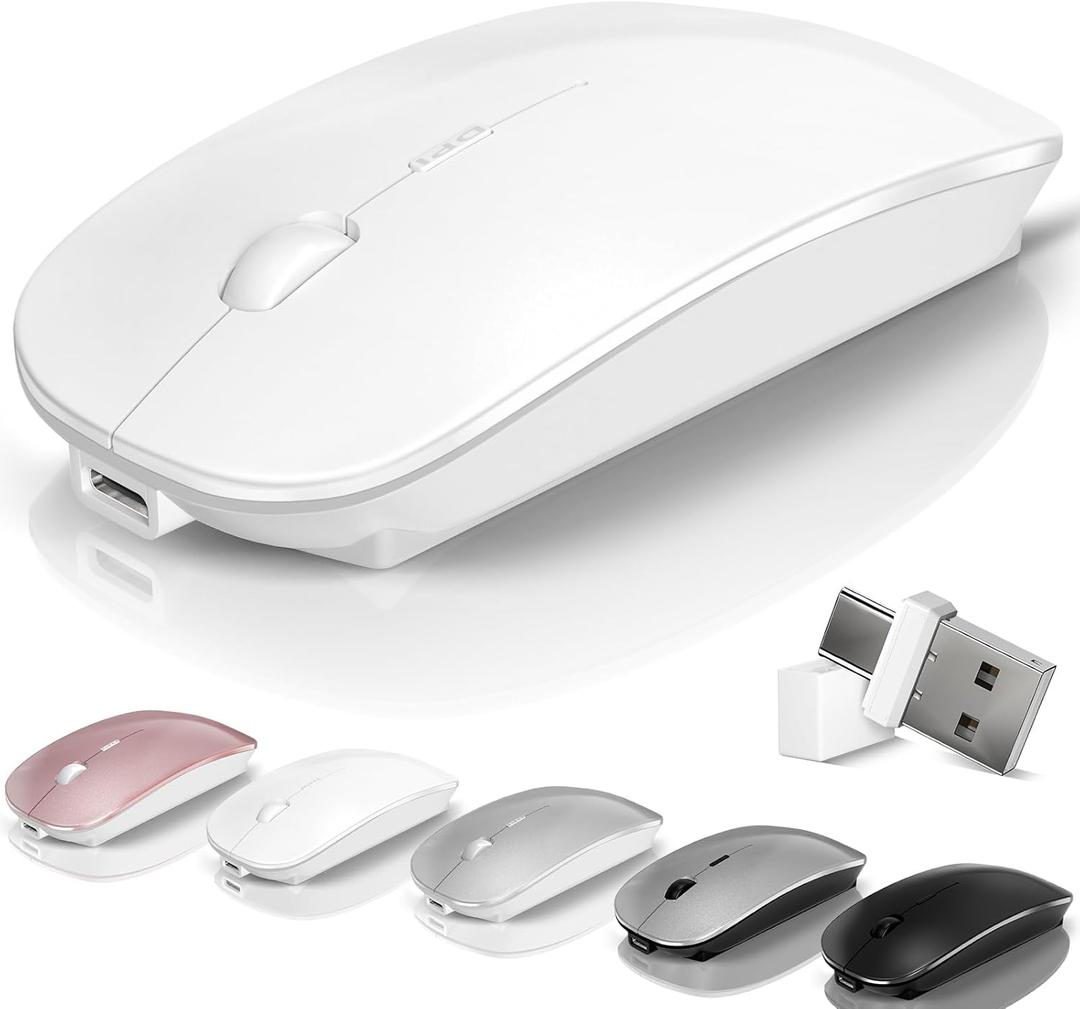 Kovess Mouse for Laptop Wireless Bluetooth - MacBook Air Mac Pro PC iPad Optical Rechargeable Silent Mouse with Jiggler Dual Mode Switch Bluetooth 5.2/3.0 and 2.4GHz USB-A and Type-C Receiver White
