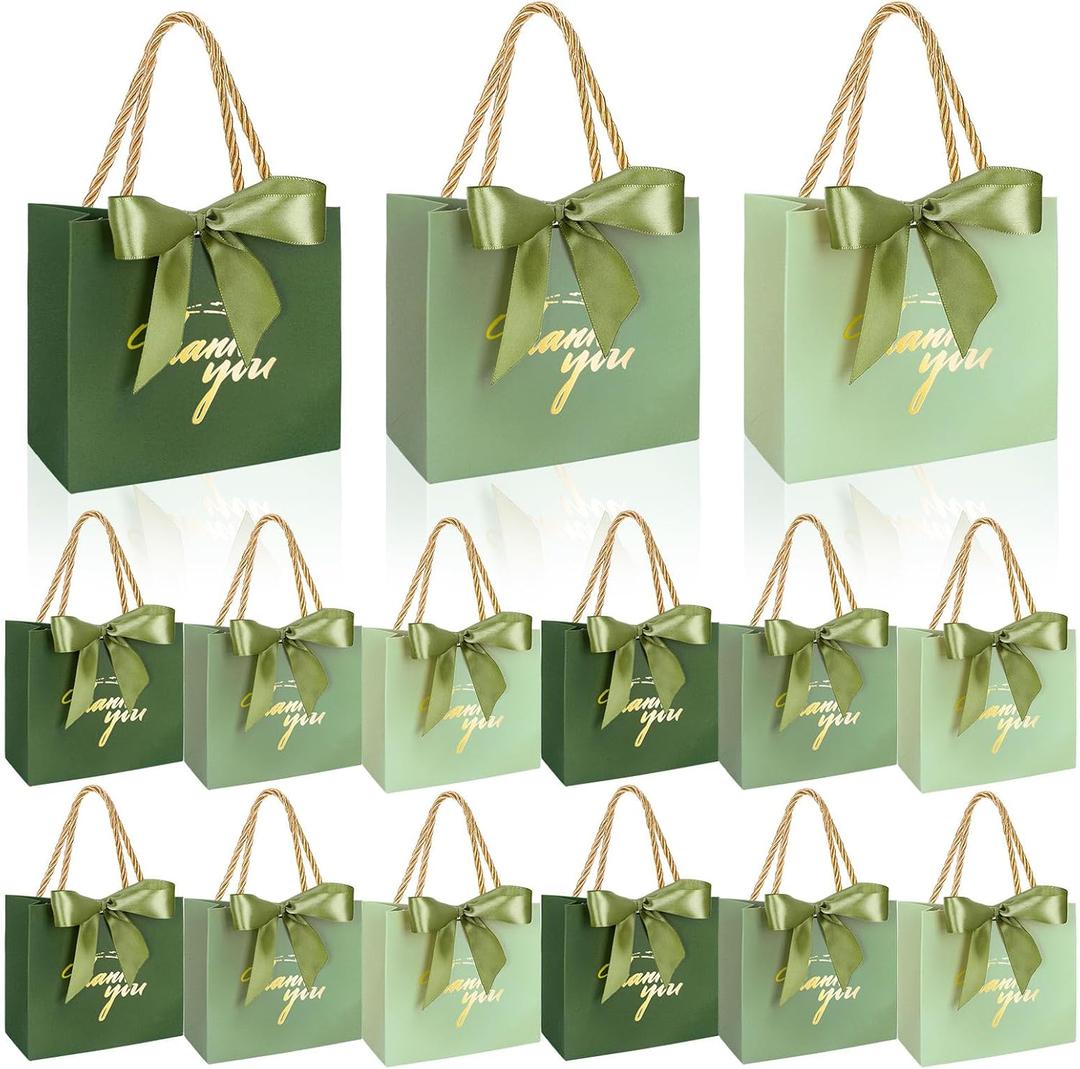 Whaline 60Pcs Thank You Paper Gift Bags with Bow Gradient Sage Green Party Favor Bags with Handles for Wedding Bridal Baby Shower Birthday Party