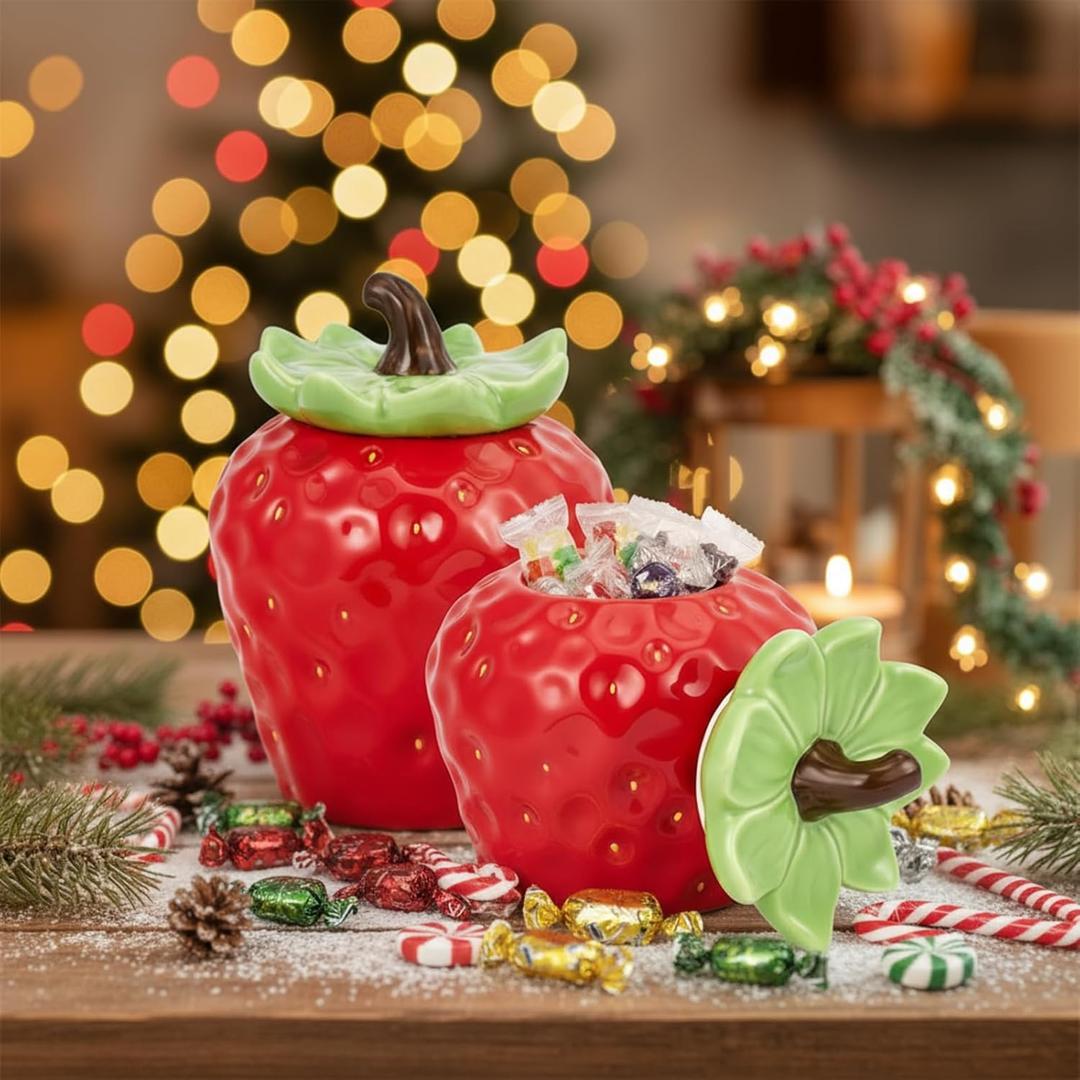 LemonRoad 2 Pack Ceramic Christmas Strawberry Jars with Sealed Lids, Large Candy Cookie Containers, Flower Vases for Thanksgiving, Christmas Party Decoration & Gifts, Cute Kitchen Decoration for Home