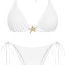 ZAFUL Women's Sexy Halter Bikini Sets Beads Tie Side Solid Triangle Thong Swimsuit Two Piece Cheeky Bathing Suits (White, S)