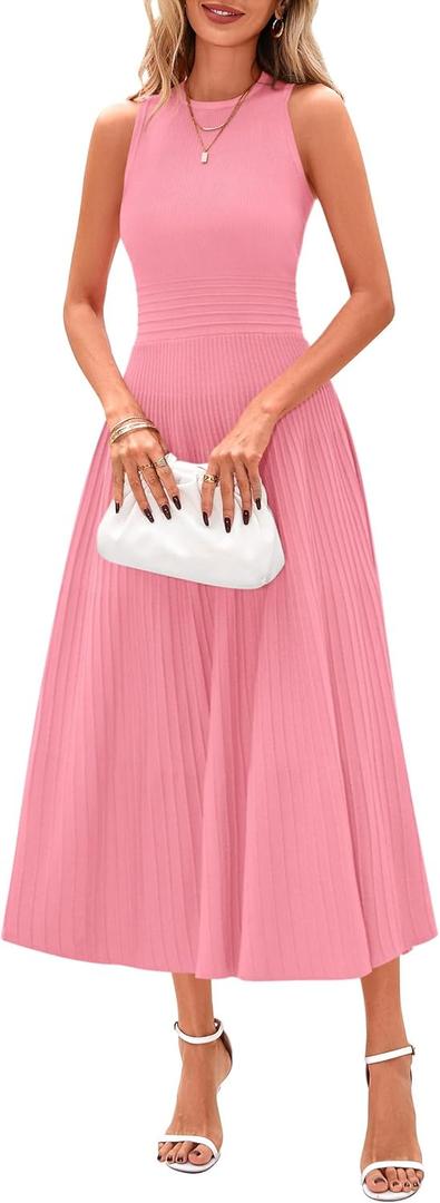 PRETTYGARDEN Spring Casual Dresses for Women 2025 Summer Business Work Midi Sleeveless A Line Pleated Cocktail Dress (Medium, Pink)