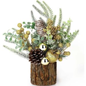 Small Christmas Tree Tabletop Artificial Mini Christmas Tree Decorations with Holiday Ornaments Red Berry Pine Cone Greenery for Home Indoor Fireplace Mantel Xmas Decor (Tree Stump-Golden)