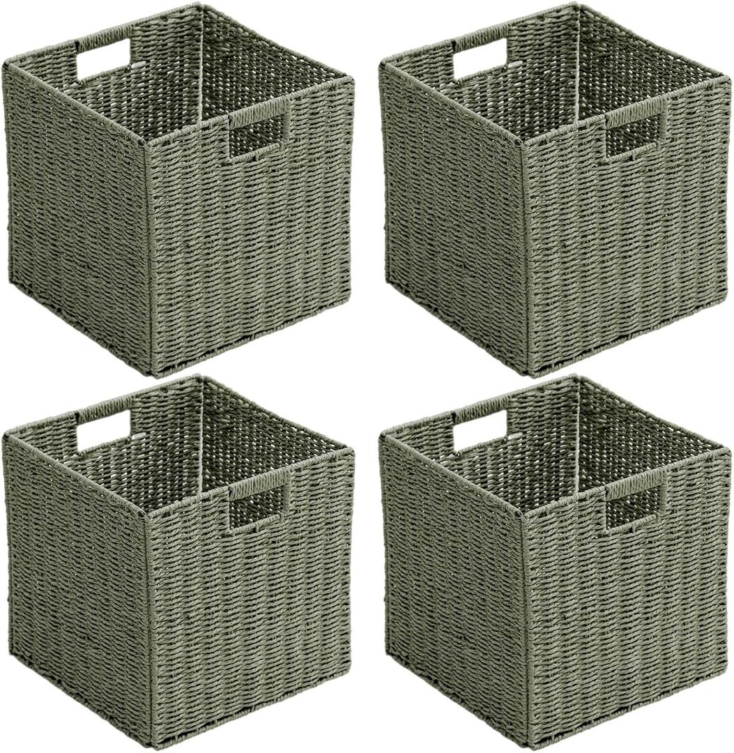 Handwoven Paper Woven Cube Basket Organizer with Handles set of 4 Foldable Storage baskets for Bedroom Living Room Cubby Storage Units for Clothes Books Toys (Green, 13" L x 13" W x 13" H)