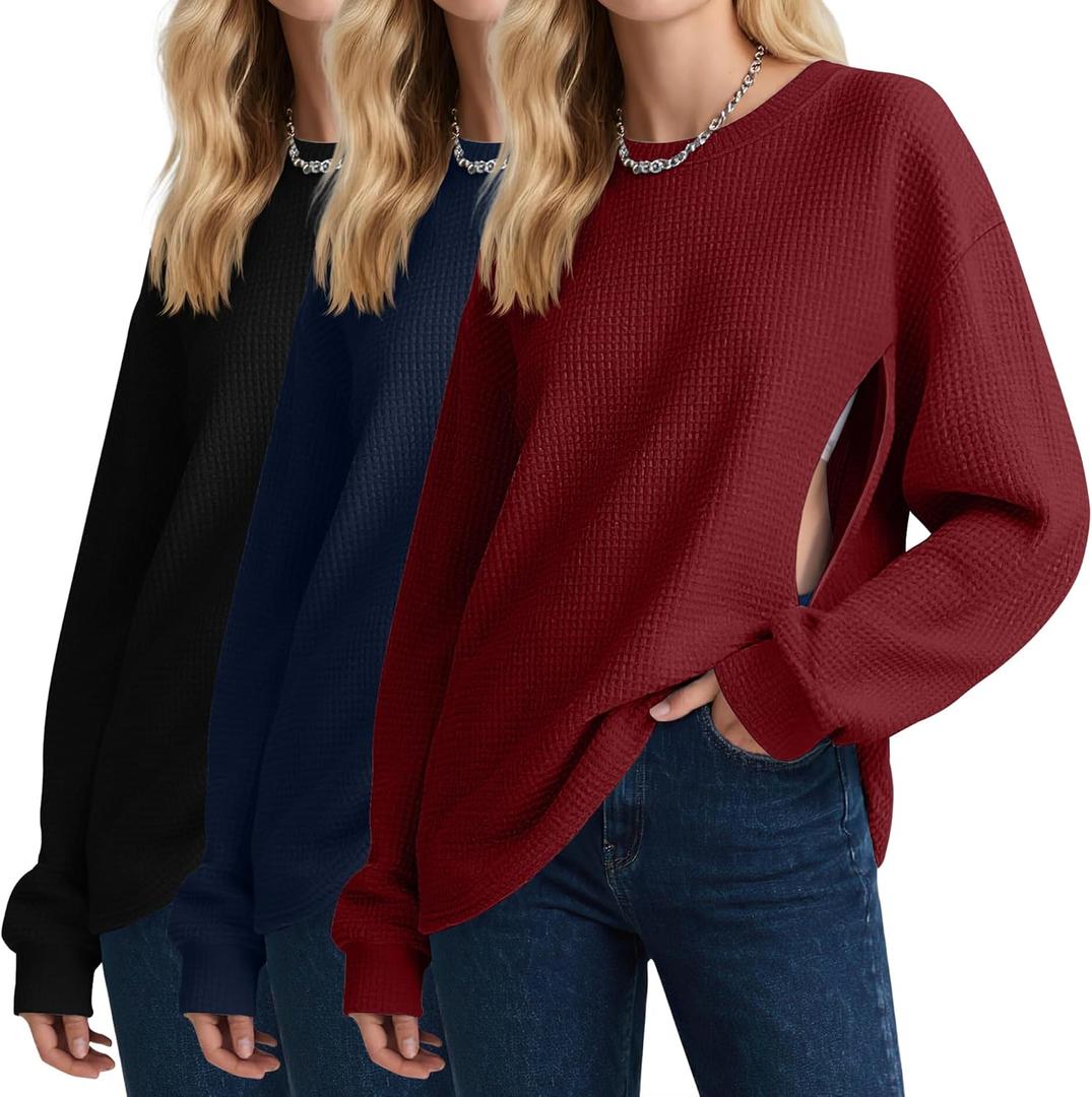 Oakgarden 3 Pack Women's Oversized Nursing Tops, Waffle Knit Breastfeeding Zipper Sweatshirt Long Sleeve Maternity Shirts (X-Large, Wine Red, Navy Blue, Black)