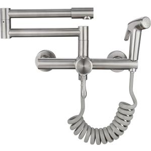 Brushed Nickel Wall Mount Kitchen Sink Faucet - 8" Center, Folding Commercial Faucet with Side Sprayer, Pot Filler,  C Style, Faucet with Handheld Stand