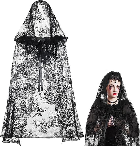Witch Black Hooded Cloak for Women Gothic Lace Snake Pattern Short Sheer Cape for Vampire Cosplay Costume