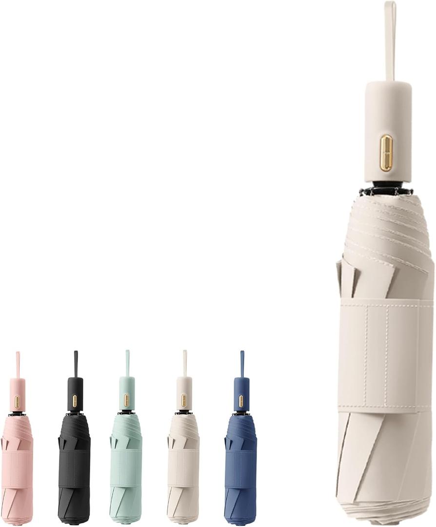 French Style Travel Compact Folding Umbrella with 7CM(2.76in) Hook and Loop Strips/8Ribs/Lightweight Portable/Auto Open Close/UV Protection/UPF 50/Parasol/Waterproof/Rain Sun/Backpack/Car/Women Kid (37.5inches, Beige)