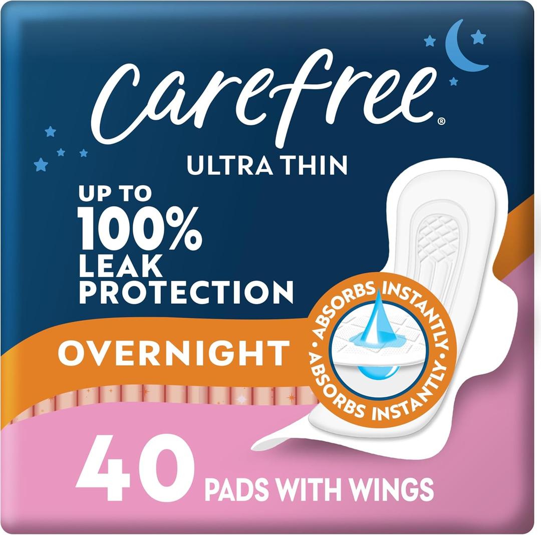 Carefree Ultra Thin Pads for Women, Overnight with Wings | Feminine Care & Postpartum Protection | 40ct (Pack of 1)